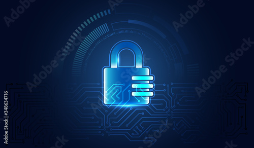 Abstract circuit board on the blue background. Data protection privacy concept. Futuristic padlock icon and internet technology networking connection. Cyber security internet and networking concept.