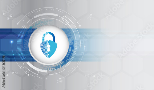 Cyber attack protection privacy concept. Futuristic padlock vector illustration. Protection from virus attack. Global antivirus secure system. Hi-tech communication background.