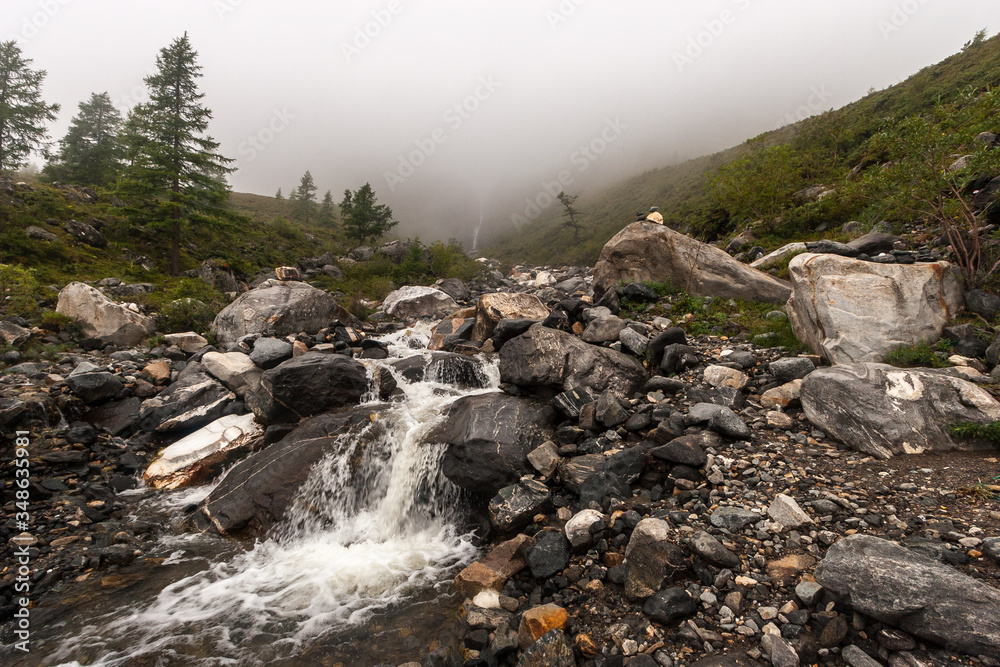 Mountain river in the fog. Large boulders and small stones at the edges. Young spruce grow. Horizontal. Mountain river in the fog. Large boulders and small stones at the edges. Young spruce grow. Horizontal.