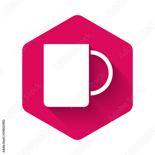White Coffee cup icon isolated with long shadow. Tea cup. Hot drink coffee. Pink hexagon button. Vector