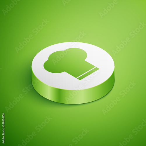 Isometric Chef hat icon isolated on green background. Cooking symbol. Cooks hat. White circle button. Vector