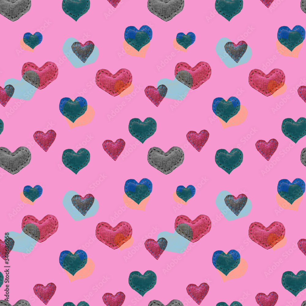 Seamless pattern with multicolored fabric denim hearts. Handmade hearts made denim. Valentines day or mothers day background Seamless pattern with multicolored fabric denim hearts. Handmade hearts made denim. Valentines day or mothers day background