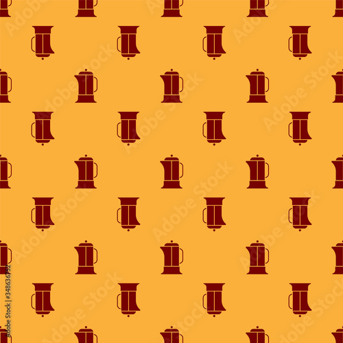 Red French press icon isolated seamless pattern on brown background. Vector