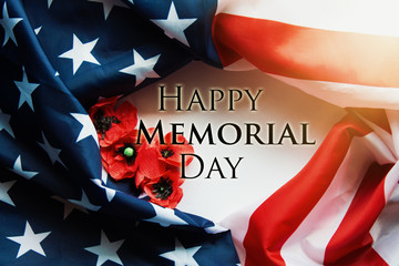 happy Memorial Day Remember and Honor text background - National holiday, American flag and a poppy flowers