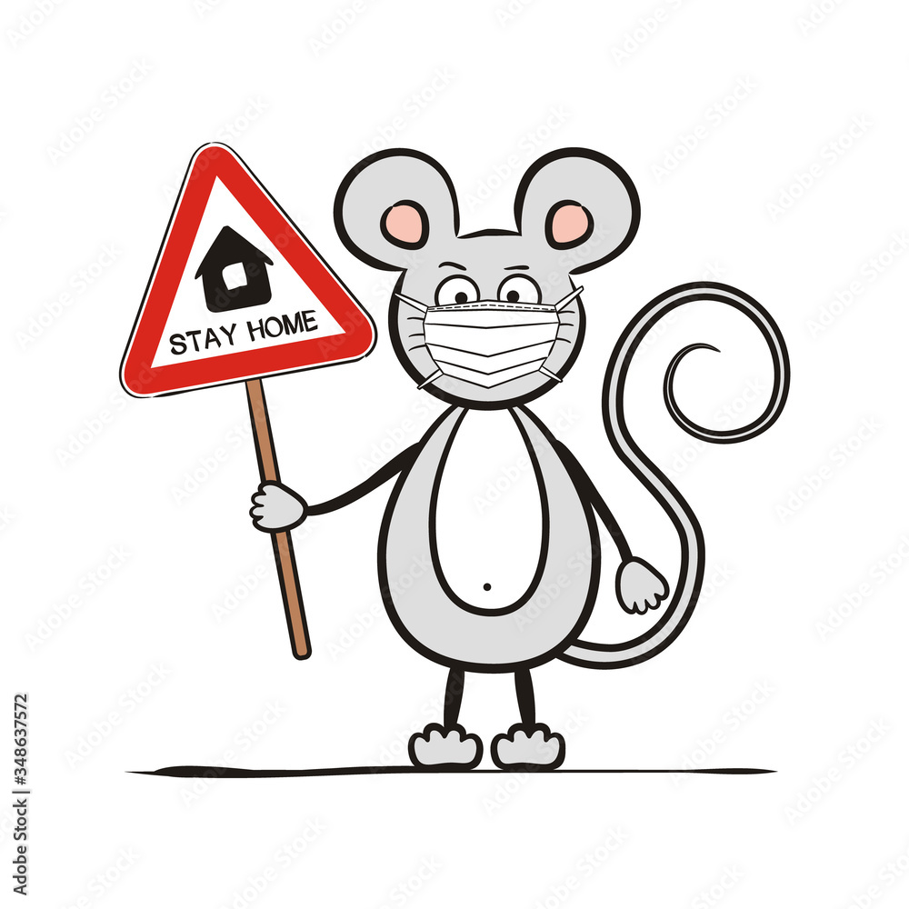 Hand-drawn mouse in a protective mask with a sign Hand-drawn mouse in a protective mask with a sign