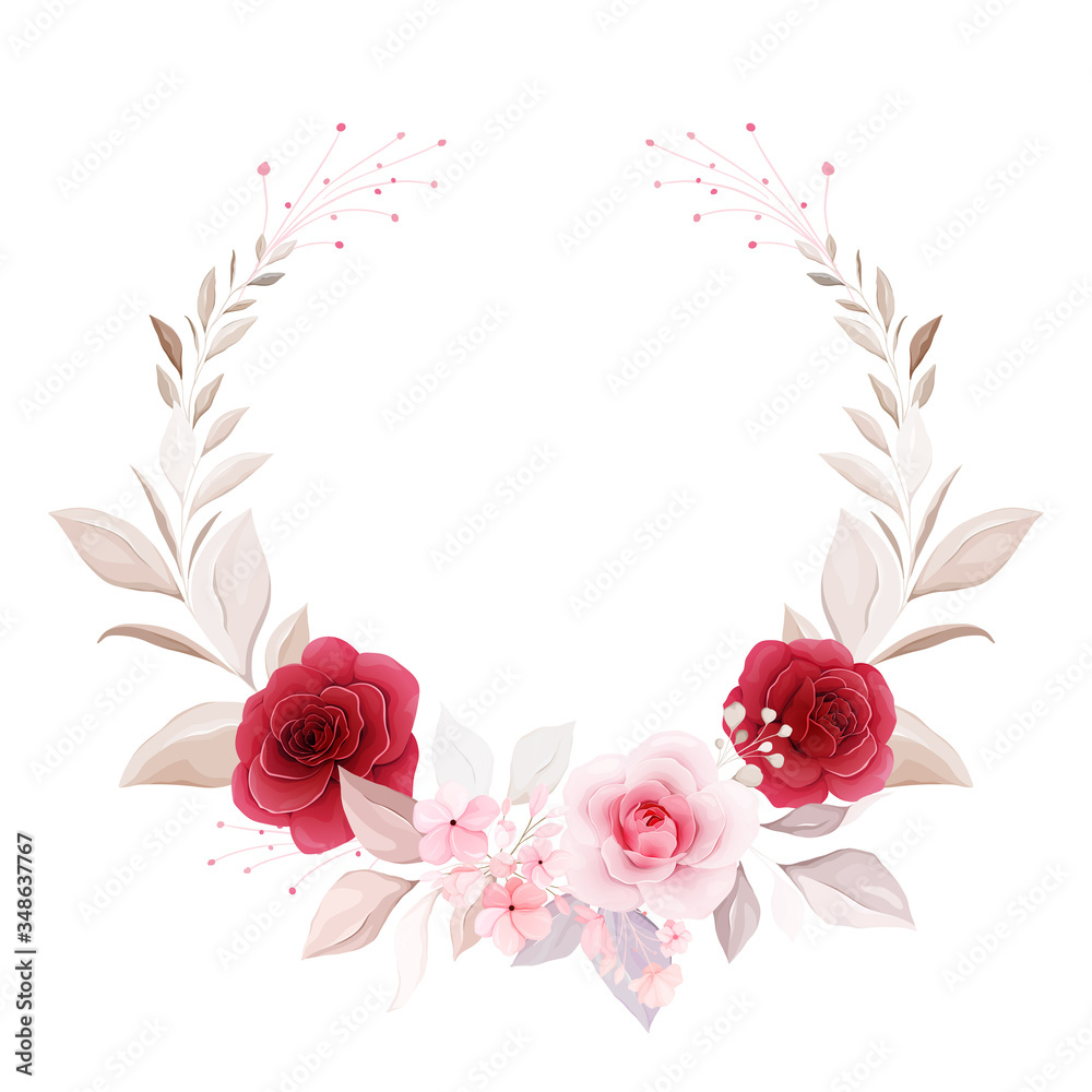 Floral wreath vector. Botanic decoration illustration of red and peach roses, leaves, branches. Botanic composition for wedding or greeting card design, logo, etc