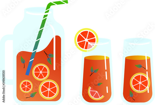 Jug, glass of lemonade and lemon fruits on white background. Flat style, vector illustration.
