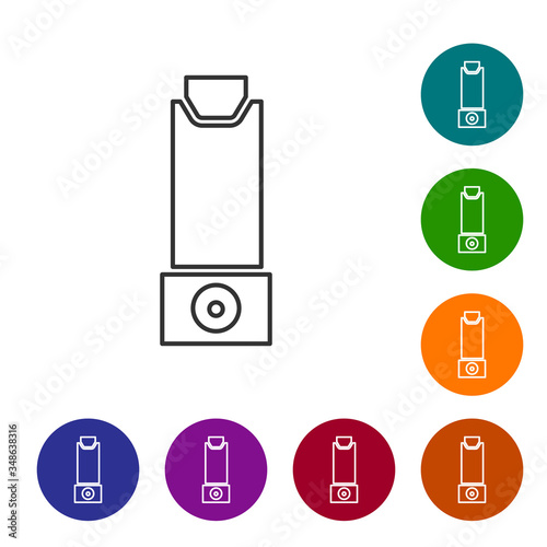 Black line Inhaler icon isolated on white background. Breather for cough relief, inhalation, allergic patient. Set icons in color circle buttons. Vector