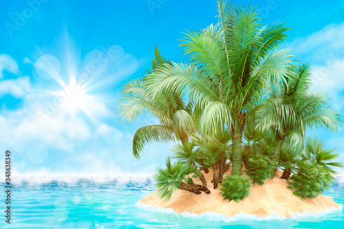 Sunny tropical Caribbean beach with palm trees and turquoise water  caribbean island vacation  hot summer day.