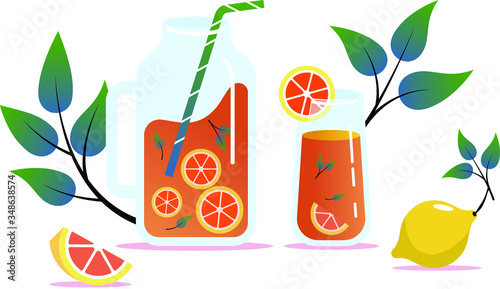 Jug, glass of lemonade and lemon fruits on white background. Flat style, vector illustration.