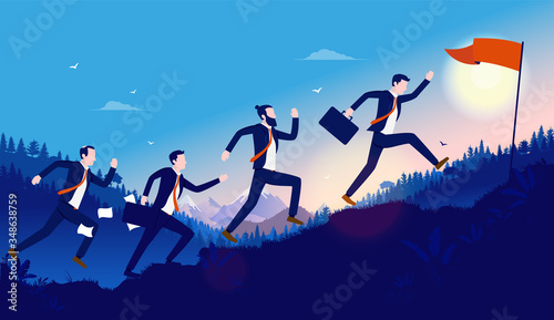 Business race towards goal - Business people running up hill to reach a red flag. Competition, challenge, opportunities and competitive concept. Vector illustration.