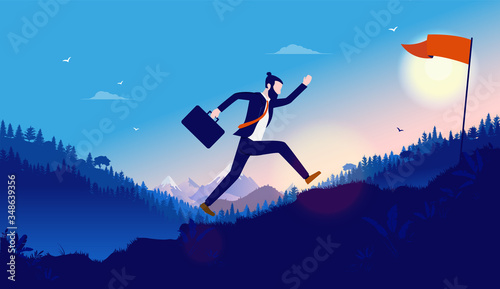 Reach success quick - man running up mountain to achieve his personal career goal. Business achievement, ambitions, winner and progress concept. Vector illustration.