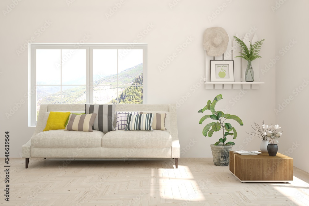 Fototapeta premium White living room with sofa. Scandinavian interior design. 3D illustration