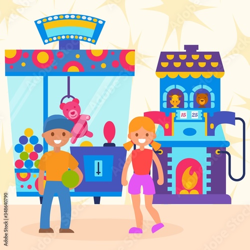 Joyful children game with children s automatic gadgets, arcade play with win winner, design, cartoon style vector illustration. Cheerful boy received prize, happy lucky girl won pink teddy bear fair.