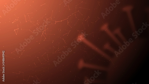 Background with a virus particle. Red, signal background with part of the coronavirus and proteins on the surface of the virus. Concept of epidemic, disease and treatment of coronavirus (NCOV-19).  photo