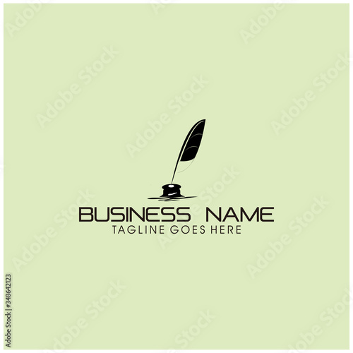 Inkwell and feather pen logo template. Ink bottle and quill pen vector design. Writer illustration