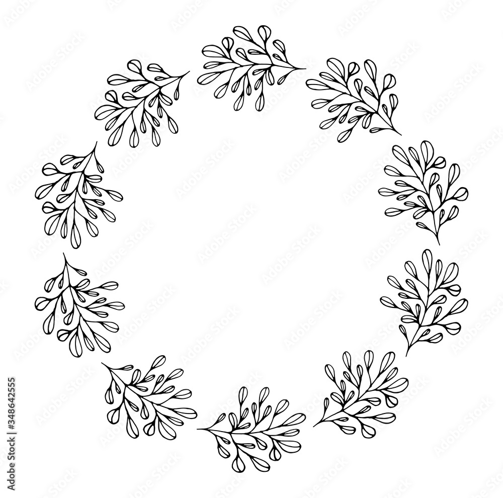 Fototapeta premium Isolated branches on a white background. A wreath for the holidays, Mother's Day, thanksgiving, Easter, birthday. Doodle style. Vector isolated illustration with a wreath of their branches and leaves.
