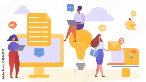 Communicative idea for business, people different nature work and onlain teamwork, design, cartoon style vector illustration. Creative workflow finding help information, women share important data.