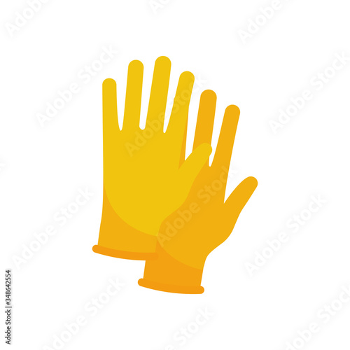Protective yellow gloves. Latex gloves as a symbol of protection against viruses and bacteria. Precaution icon. Vector illustration flat design. Isolated on white background.