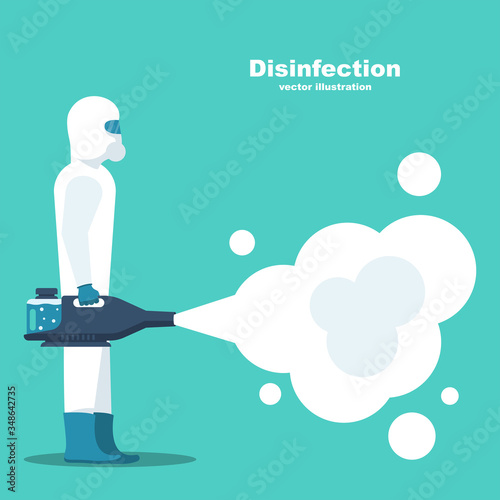 Man in hazmat. Protective suit, gas mask and gas cylinder for disinfection coronavirus covid-19. Toxic and chemicals protection. Spraying pesticides. Biological precaution. Vector flat design.