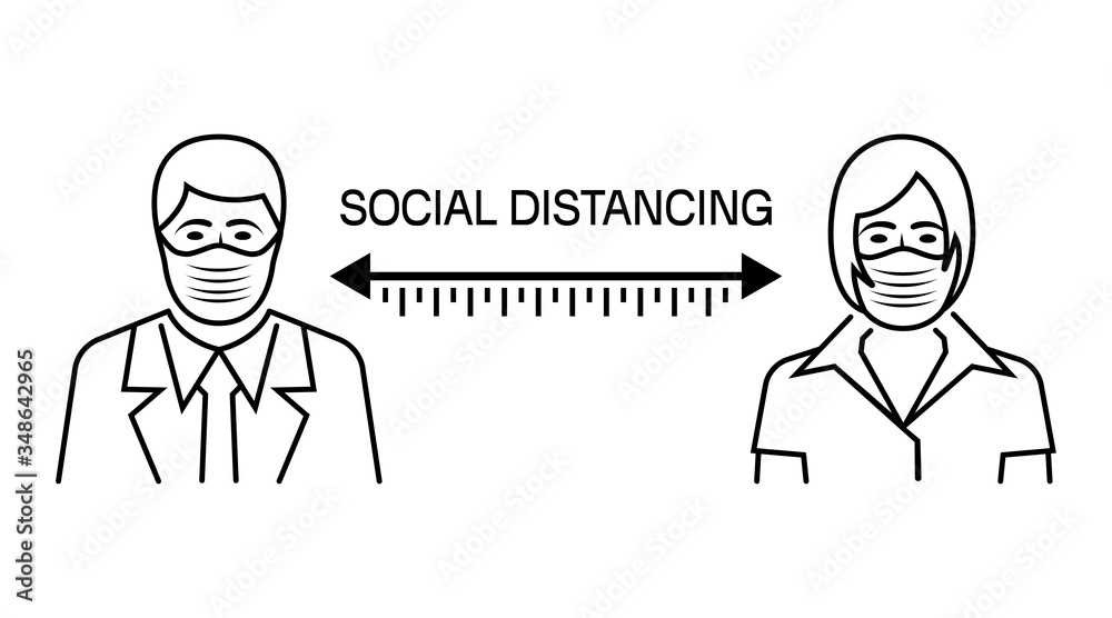 Landing page social awareness. Social distancing black line icon. Keep distance. Man and woman in protective masks. Coronavirus Prevention covid-19. Vector illustration flat design.