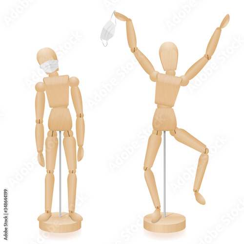 Masks required and end of the mask duty, symbolized by an irritated and a relieved happy wooden toy figures. Isolated vector illustration over white background. 