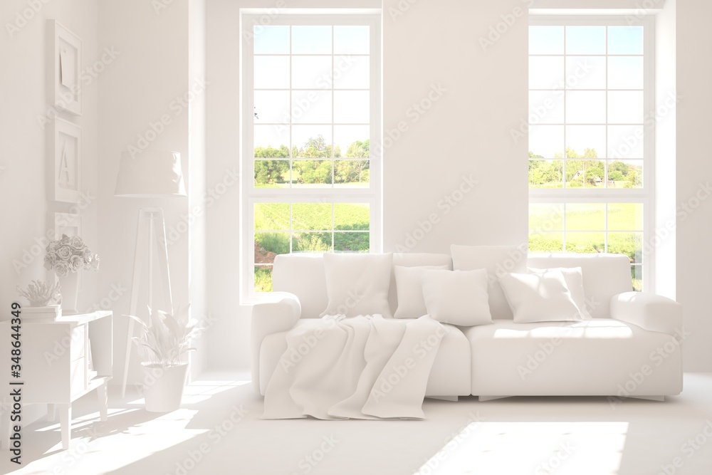 White minimalist living room with sofa. Scandinavian interior design. 3D illustration White minimalist living room with sofa. Scandinavian interior design. 3D illustration