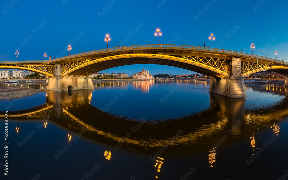 Amazing panoramic phot about the Margaret bridge in Budapest Hungary. Evening mood, popular touris attraction a river cruise in this time. panoramic view