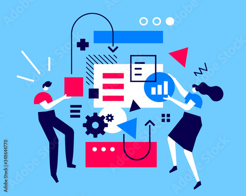Vector creative business illustration of man and woman with abstract element on color background. Teamwork communication in business process.