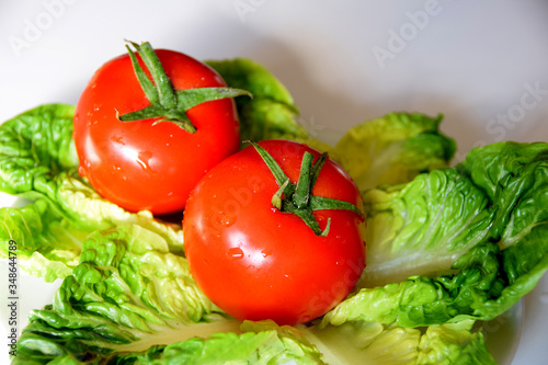 Fresh red tomatoes on lettuce leaves