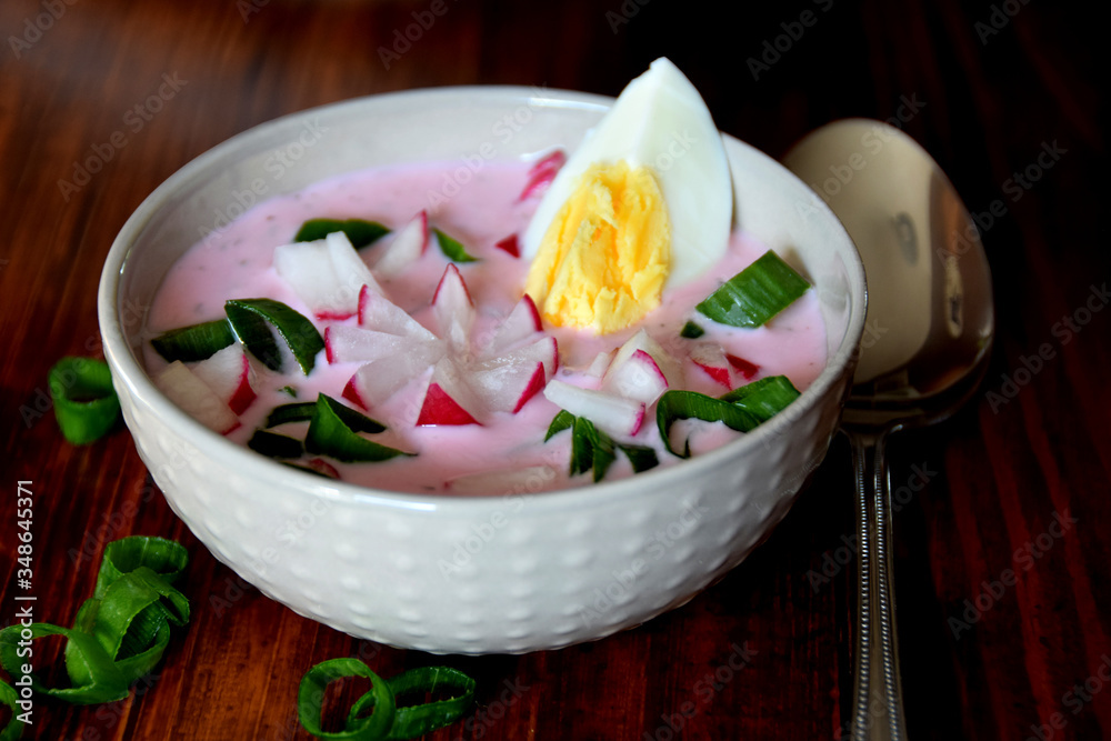 cold beetroot soup with radish and egg