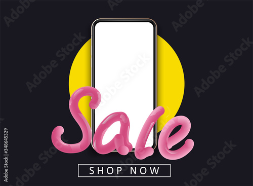 Sale inscription on the background of a mobile phone. Smartphone frameless blank screen. Template for infographics, presentation business card, flyer, brochure, poster 3d. Vector illustration