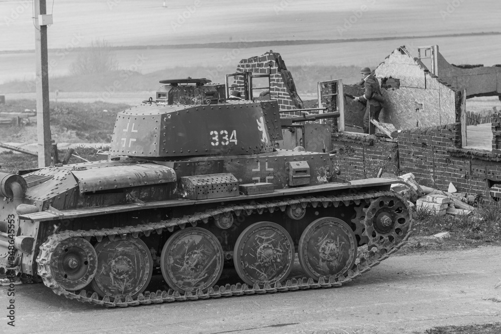 Black and white photography, reconstruction of a military battle World