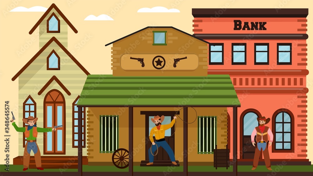 Cowboys duel near bank, city in wild west in American style, old village houses, salon, design cartoon style vector illustration. Man holds gun and fights with brigand near building on street, outdoor
