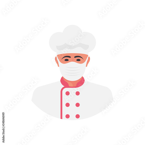 Chef in a medical mask. Face cook in mask icon. Close up portrait of man in protective respiratory mask. Vector illustration flat design. Isolated on white background.