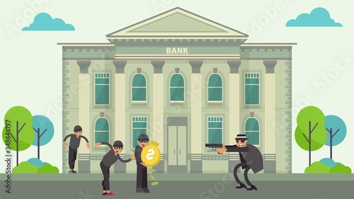 Bank robbery by thieves, crime committed by armed criminals, robbers stole money, design, cartoon style vector illustration. Men having stolen large sum dollars, detained on street by policeman.