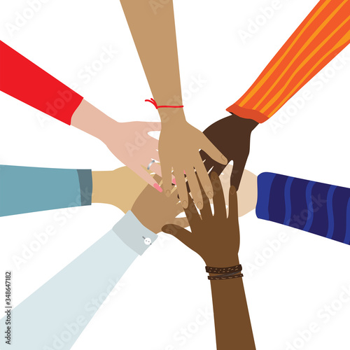 People holding hands in a circle. Team work, education, business training, volunteering charity, party concept. People of different races. Celebrating something. Vector illustration isolated on white