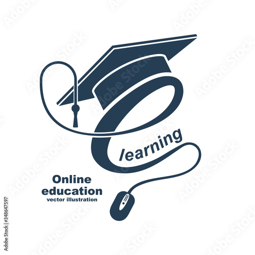 E-learning concept. Logo learning online center and graduation. Vector illustration flat design. Abstract background education. Logo template online education, internet teaching, distance training.