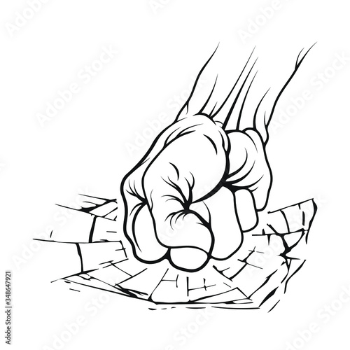 Hand-drawn male fist down with black stroke, breaking through glass.