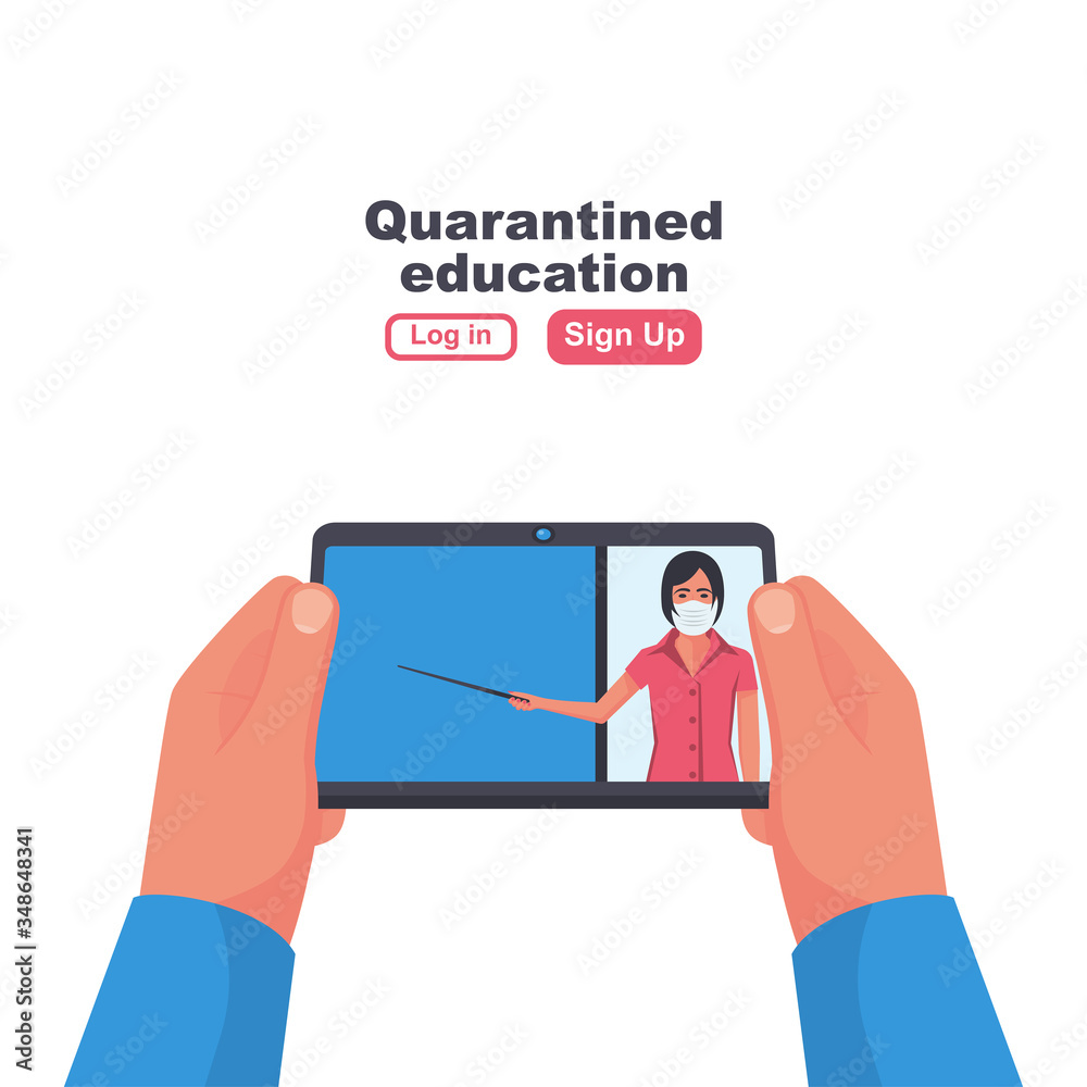 Quarantined education. The guy holds a tablet in his hands. The teacher in the lesson near the blackboard. Vector illustration flat design. Isolated on white background. Landing page e-learning home. Quarantined education. The guy holds a tablet in his hands. The teacher in the lesson near the blackboard. Vector illustration flat design. Isolated on white background. Landing page e-learning home.