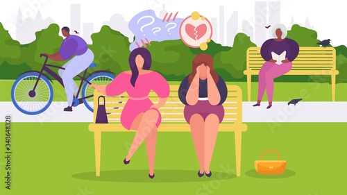 Woman in depression in park sits on bench, is frustrated by unhappiness and problems, design, cartoon style vector illustration. Girl in complete despair in urban parkland outdoors, man rides bicycle.