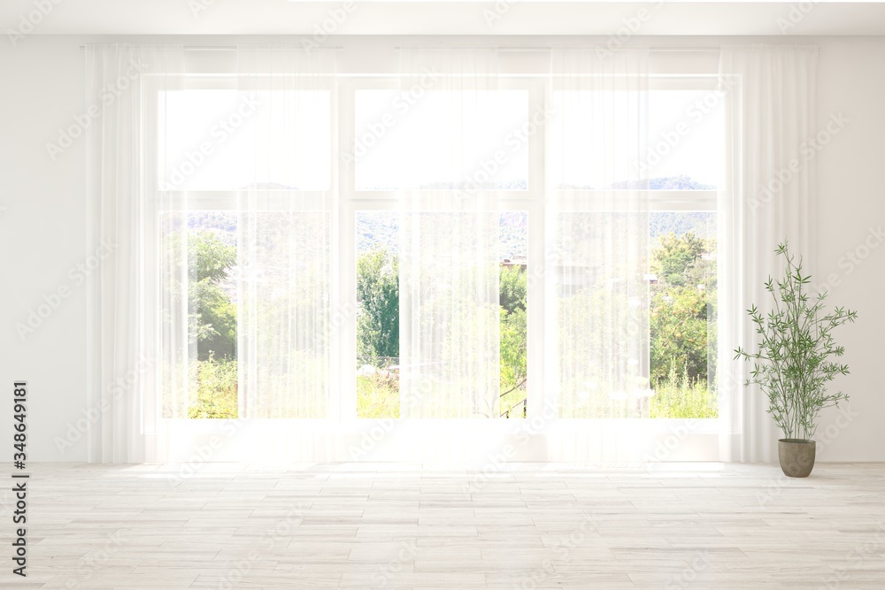 White empty room with summer landscape in window. Scandinavian interior design. 3D illustration White empty room with summer landscape in window. Scandinavian interior design. 3D illustration