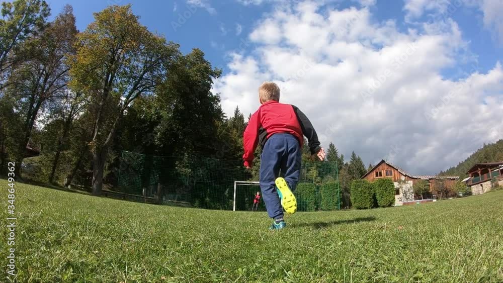 Young children playing soccer. The boy shoots at the goalkeeper and rejoices at the goal.
Young children playing soccer. The boy shoots at the goalkeeper and rejoices at the goal.