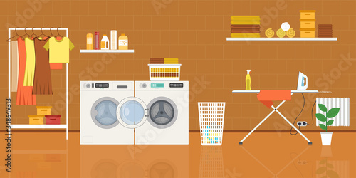 Laundry room with washing machine, ironing board, clothes rack and basket. vector illustration in flat style
