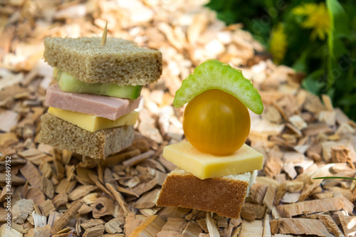 summer spring mini picnic on green grass with yellow dandelions sandwiches canapes with cucumber sausage cheese tomato celery vegetarians on a wooden background