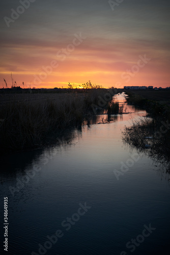 Breathtaking shot of a spanish polder in a field and the rising sun in the background © herme
