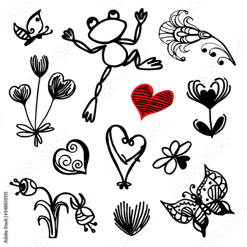 Big vector set of doodles freehand drawings, elements for children's coloring books, flowers, butterflies, frog, hearts, black outline isolated on white background for scrapbook, card design copybooks