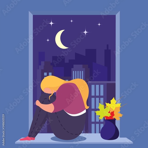 Girl in depression sits near window in room, young, sad woman alone and anxious, design, cartoon style vector illustration. Difficult stressful situation. Late night, vase with leaves on windowsill.