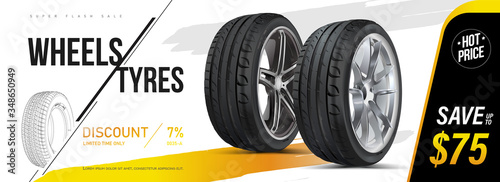 Car tire closeup in vector. Advertising banner, outdoor advertising, printing. Wheel tread. Replacing tires, summer winter. Landscape poster, digital banner, flyer, booklet, brochure and web design.
