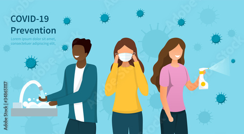 Covid-19 or coronavirus prevention protocols concept with diverse people washing hands, wearing a surgical face mask and spraying sanitiser with copy space for text, colored vector illustration photo